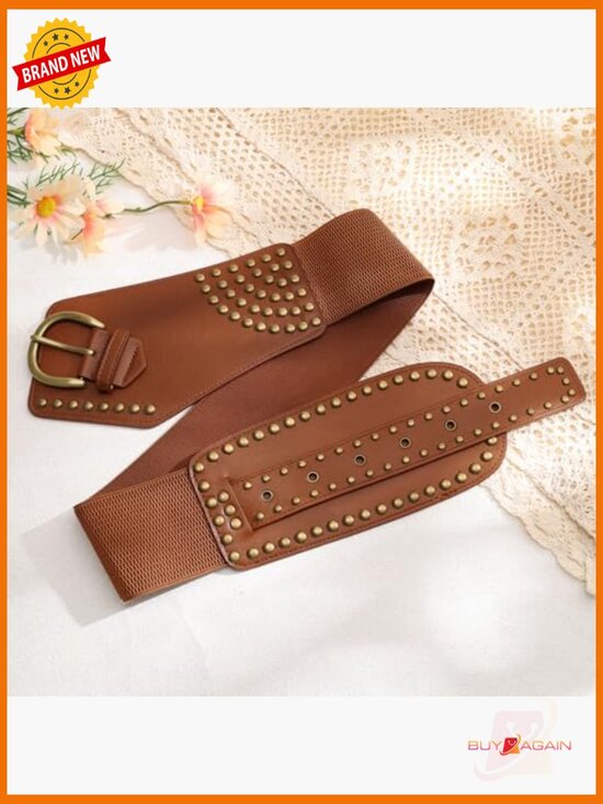 Vintage Wide Elastic Belt with Studs & Buckle - Stretchy Faux Leather Waist Belt main image 5